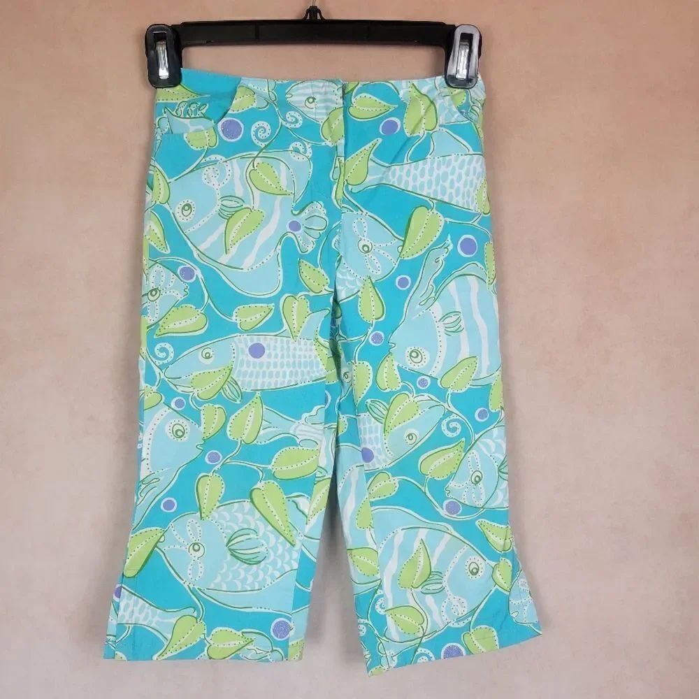 Vintage Girls Lilly Pulitzer Atlantis Blue Green Fish Capri Cropped Pants 6X